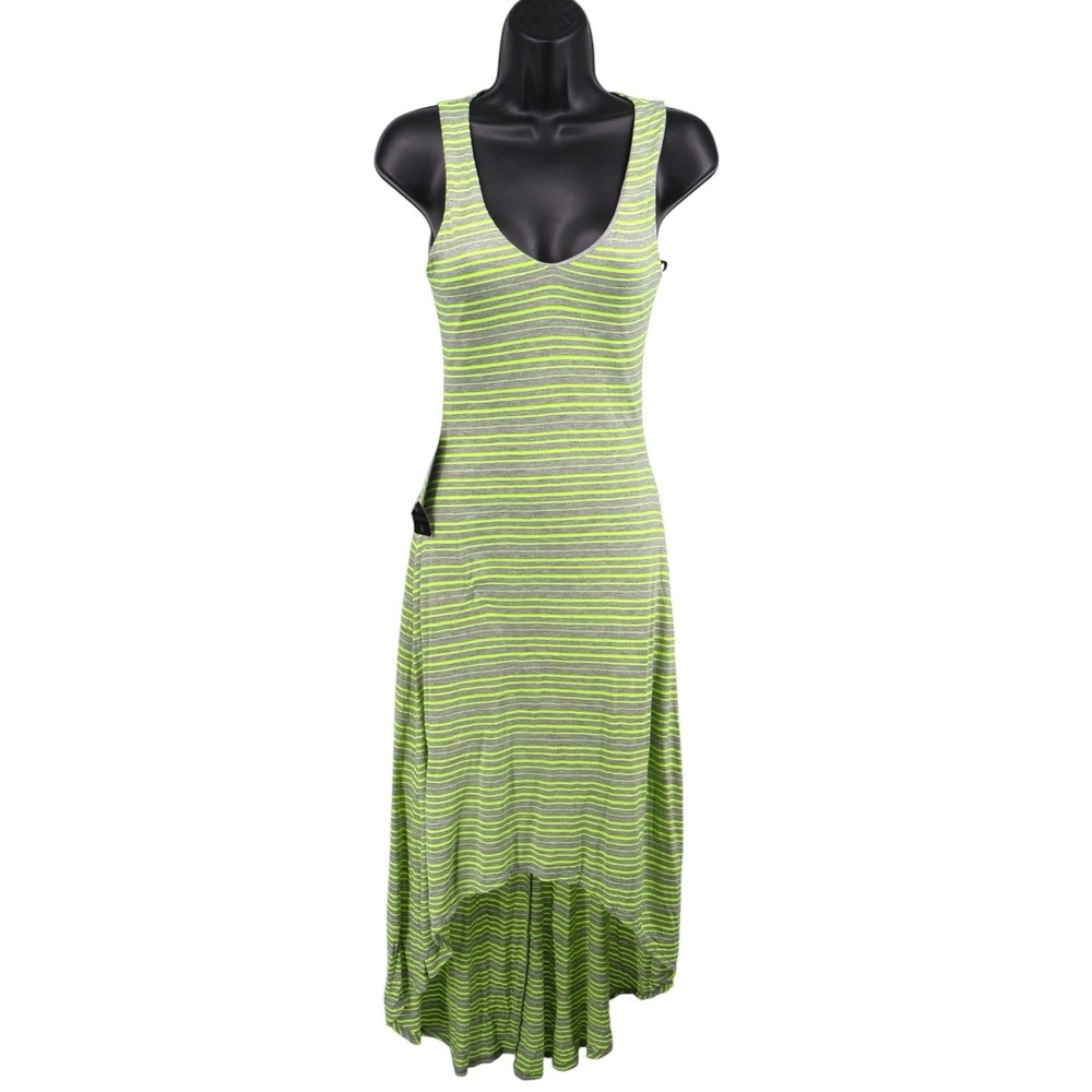 bebe Neon Stripe High Low Maxi Dress XS Gray Green Open‎ Back Pockets NWT